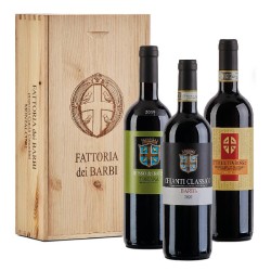 Cassetta legno 3 vini Fattoria Barbi: 1 Chianti D.O.C.G. Fattoria dei Barbi, 1 Morellino di Scansano D.O.C. Barbi, 1 Rosso dei B