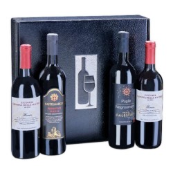 Cassetta 4 vini regionali in confezione regalo: 2 Renaro Rosso I.G.T. Lazio, 1 Vino Primitivo di Puglia I.G.P., 1 Vino Negroamar